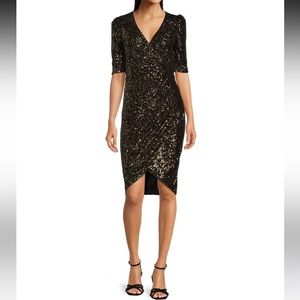 Calvin Klein Short Elbow Sleeve, V-Neck, Sequined, Faux Wrap Dress, Size 14W